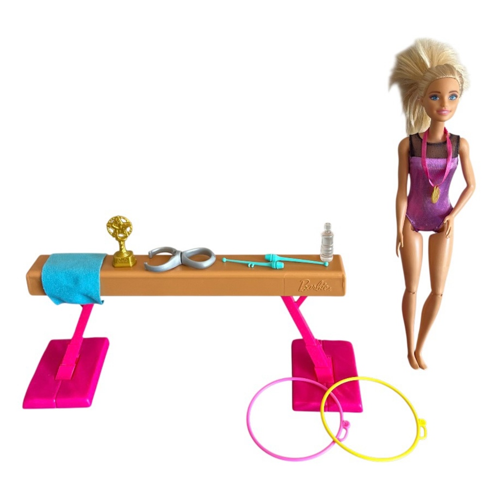 Barbie Gymnastics Careers Playset Gymnast Doll Balance Beam Spinning Clip Hoops